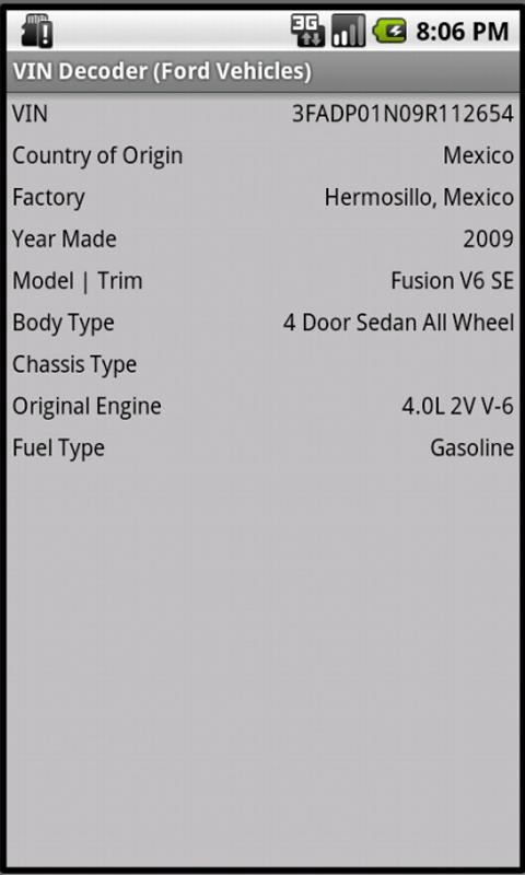 VIN Decoder (Ford Vehicles) Screen 2