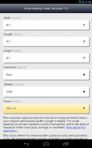 Room Heating Power Calculator