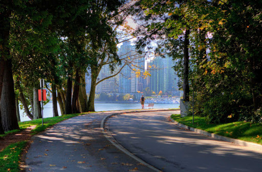 View of the seawall and part of the downtown high-rise buildings in Vancouver, British Columbia during autumn.