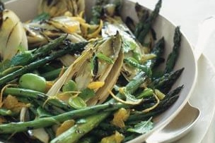 Grilled Asparagus and Endive with Favas, Orange and Mint