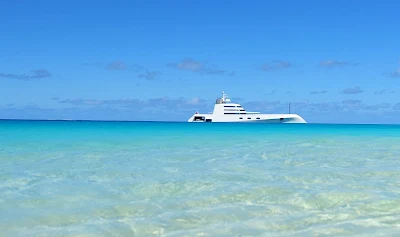 An ultramodern yacht on the coast of Anguilla.