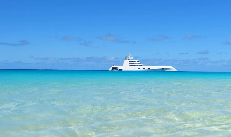 An ultramodern yacht on the coast of Anguilla.