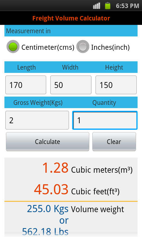 PRO Freight Volume Calculator Screen 3