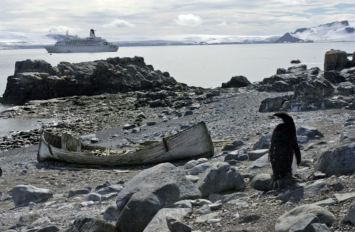 270d3HalfMoonChinstraps - Half Moon Island, another landing spot. That's a chinstrap penguin and the hulk of an old Norwegian fishing boat in the foreground.