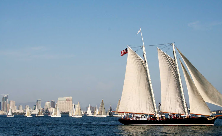 Downtown San Diego skyline with sailboats.