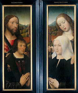 RIJKS: Master of the Magdalen Legend: Two Wings of a Triptych with the Donor, Thomas Isaacq, accompanied by Saint Thomas (left, outer wing), and the Donor's Wife accompanied by Saint Margaret (right, outer wing) 1510