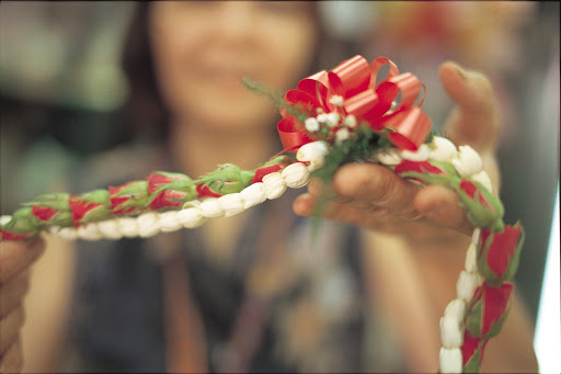 A delicate white pikake flower lei is created by stringing small buds one by one on a cotton thread. 