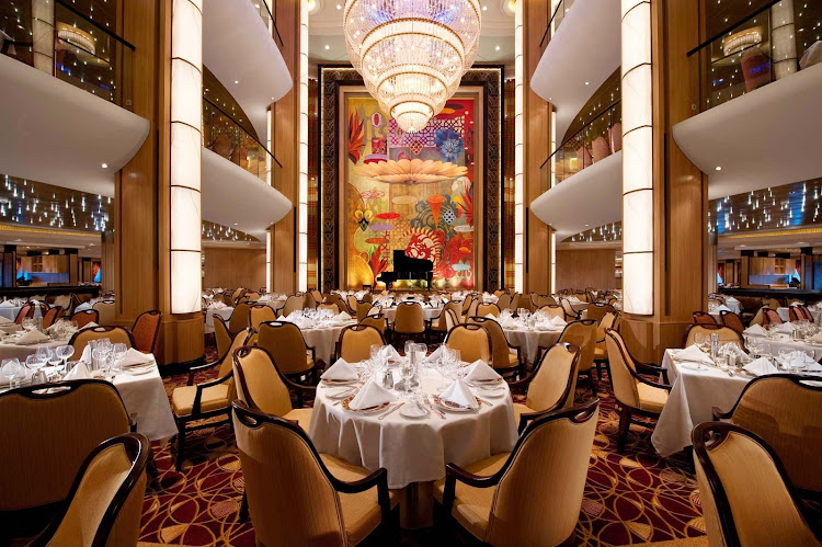 Adagio, the main dining room on Allure of the Seas, spans decks 3, 4 and 5 with a seating capacity of 3,056 guests. It features a 1920s art deco décor and is open for breakfast, lunch and dinner. Round tables seat six to 12 guests.