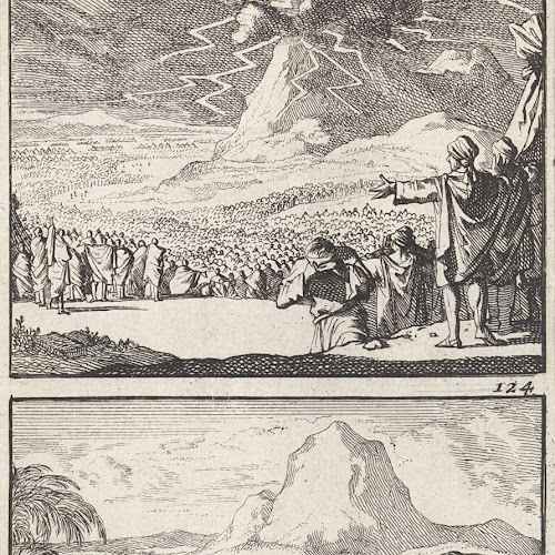 Wetgeving op de berg Sinaï / Mozes legt de oudsten de tien geboden uit, Caspar Luyken, 1698