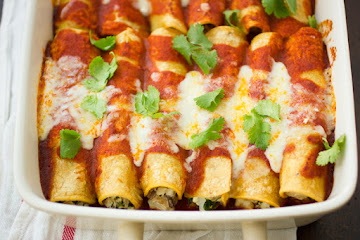 Kale and Cauliflower Enchiladas with Potatoes, Shiitake Mushrooms, and Goat Cheese