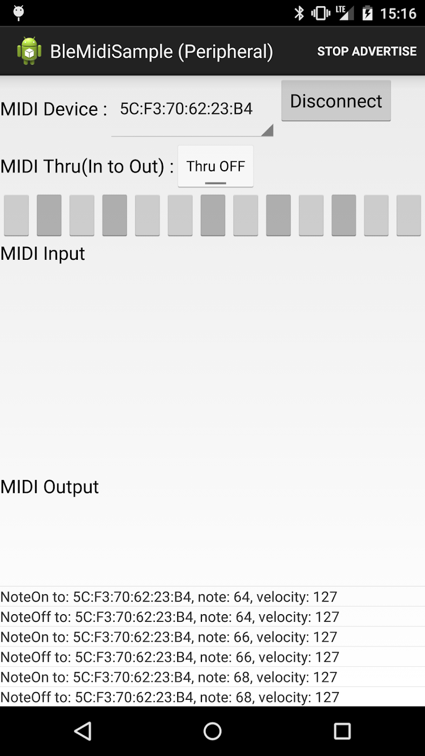 BLE MIDI Sample App Screen 2