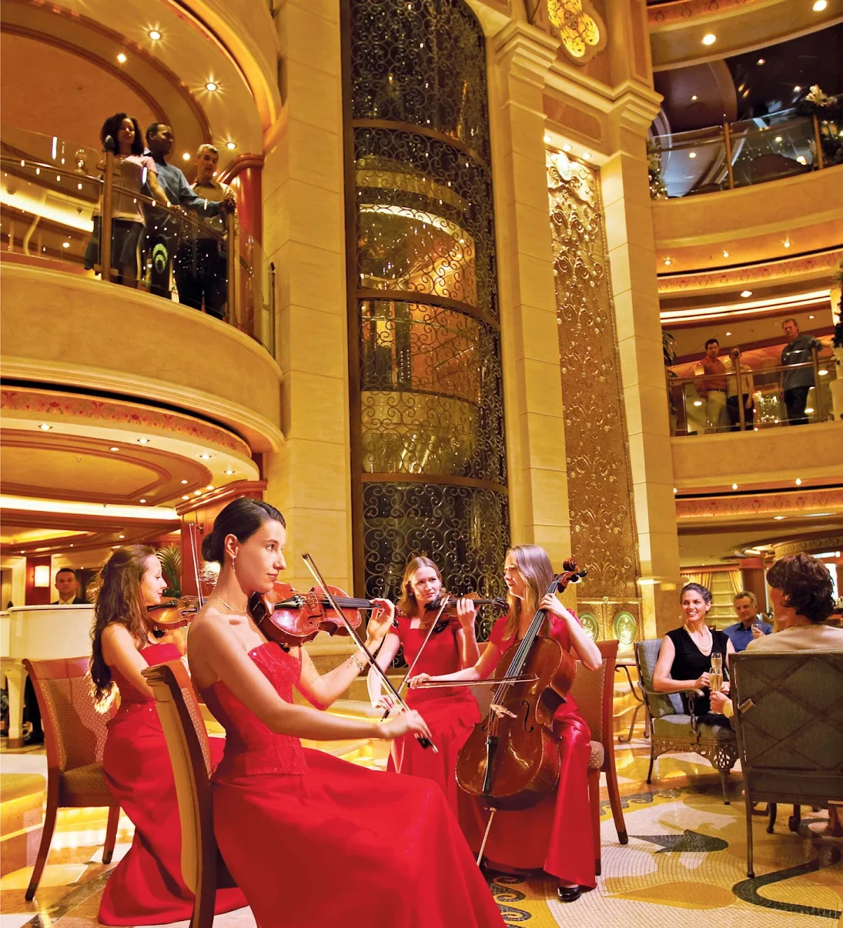Princess-Cruises-piazza-style-atrium - Don't be surprised if a symphony breaks out on your  Princess cruise. The  piazza-style atrium features live entertainment, spiral staircases and dining and cocktail lounge options.
