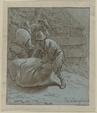 Drie mannen in een landschap bij een liggende ton en een zak