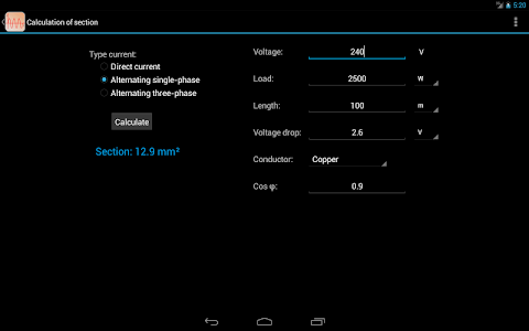 Screenshot Electrical calculations v3.2.4