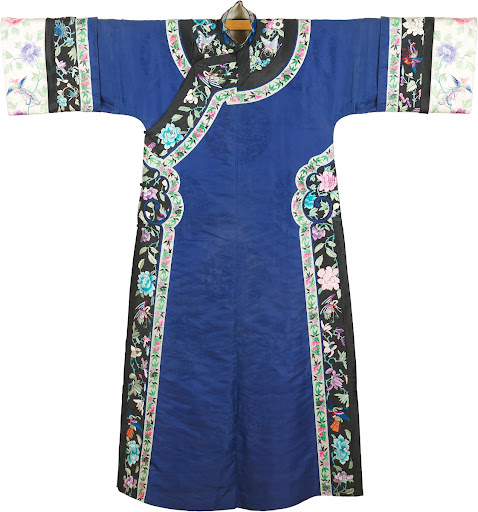 Manchu-style Embroidered Royal Blue Satin Padded Cape with Hidden Floral Patterns and Rolled Sleeves Details