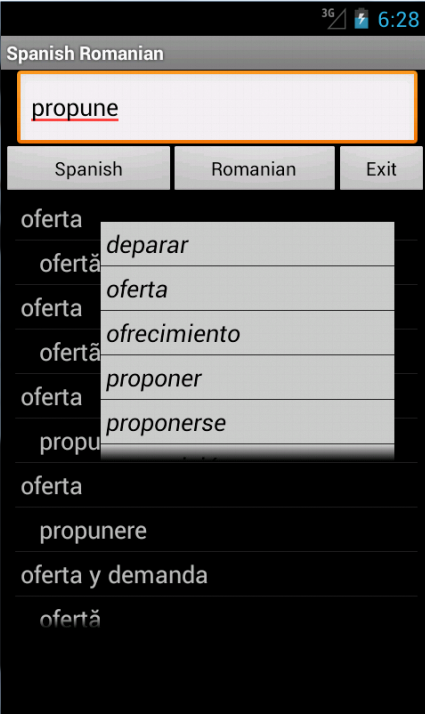 Spanish Romanian Dictionary Screen 1