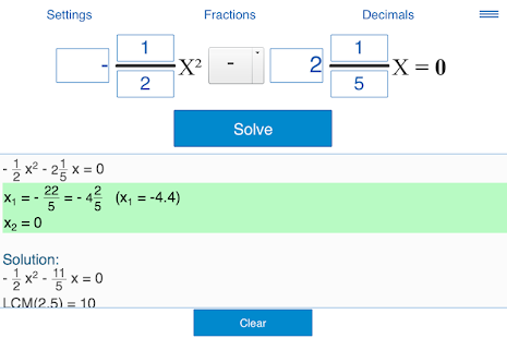 Quadratic equations calculator Screen 3