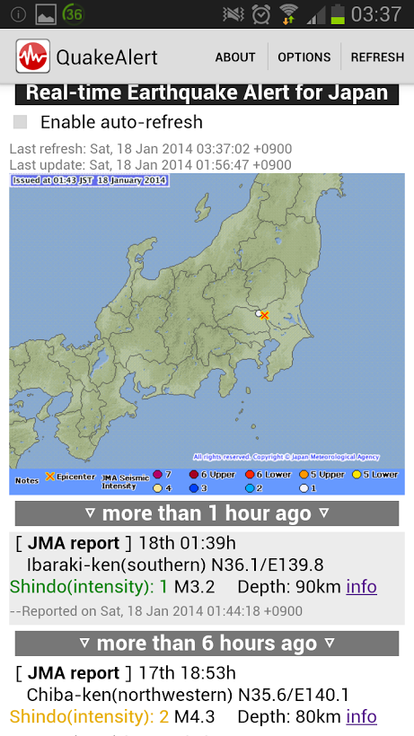 Japan Real-time Quake Alert Screen 1