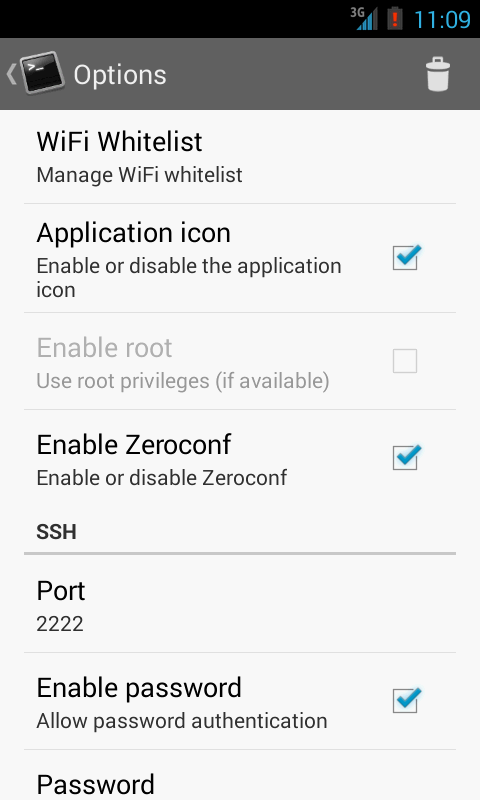   SSHDroid – posnetek zaslona 