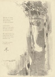 Illustratie met staande naakte vrouw tussen bomen bij een meer bij gedicht Petit Air van Stéphane Mallarmé