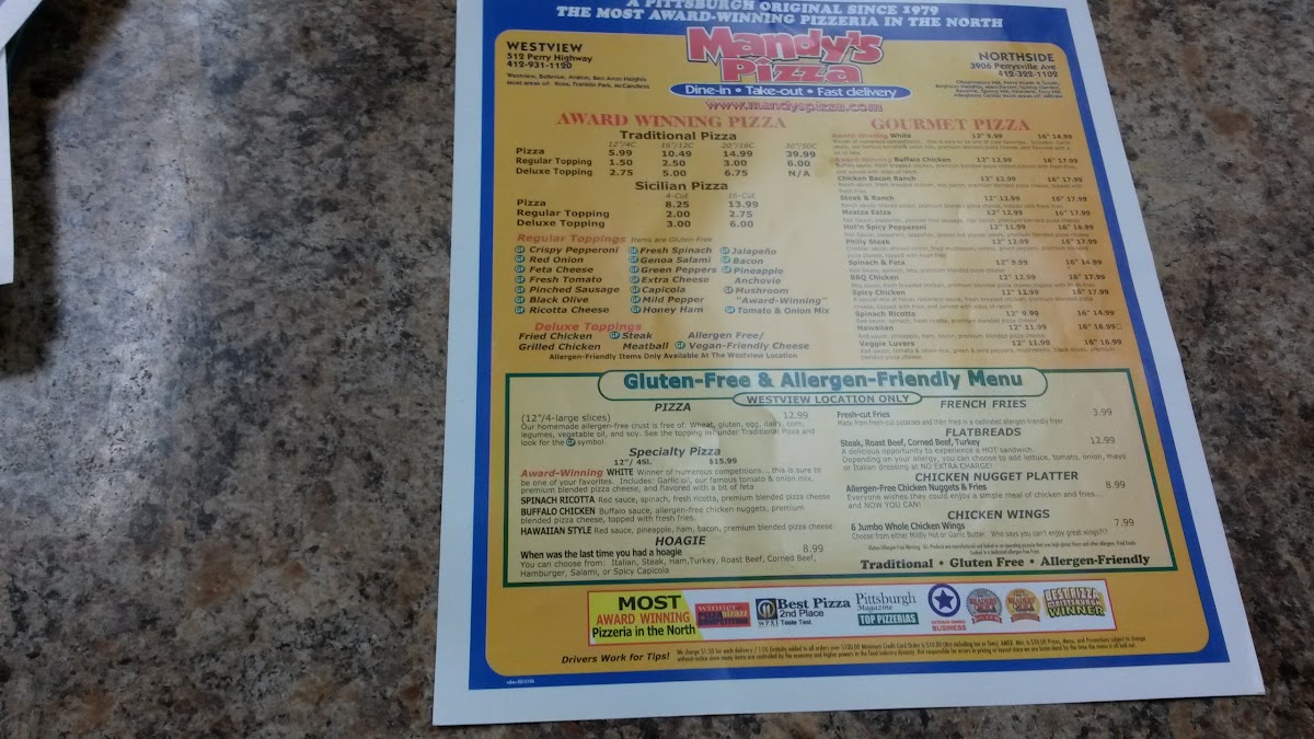 GF menu is in light yellow - Photo from Mandy's Pizza
