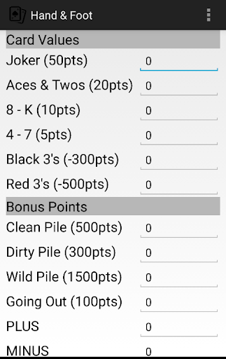 Hand Foot Score Card