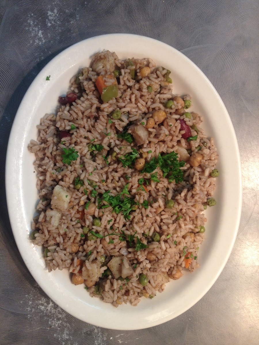Jasmine's Rice!!! Herb seasoned rice with peppers, peas,potatoes, carrots, onion,chick peas, and kid