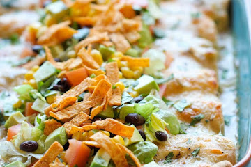 White Chicken Enchiladas with Green Chile Sour Cream Sauce