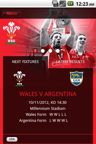 The Official WRU App Screen 1