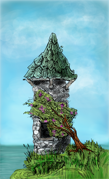 scribbled tower with tree colored