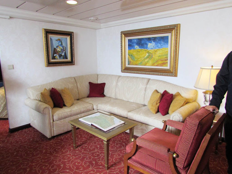 A look at the living area in the Vista Suite aboard Oceania Regatta.