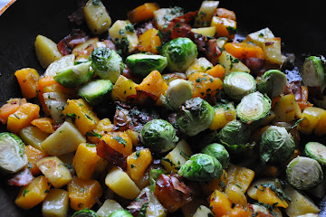 Roasted Cold Weather Vegetables with Prosciutto, Rosemary and Shallots
