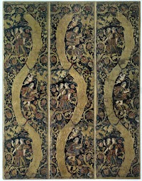 Vijfbladig kamerscherm van gepolychromeerd goudleer met bloem-, vrucht- en bladranken en mythologische jachtvoorstelling