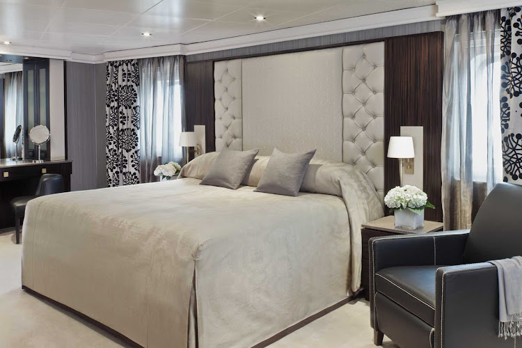 At a sumptuous 1,021 to 1,173 square feet, the stylish Master Suites on Seven Seas Navigator feature a king bed, 1 1/2 marble bathrooms, private balcony, expansive living room, walk-in closet with safe, flat screen TV, mini-bar, personal butler and complimentary use of iPad. 