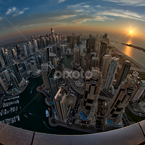 Dubai Marina Fisheye View by Andrew Madali - City,  Street & Park Street Scenes