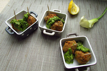 Vegetarian Lentil and Chickpea Meatballs with Lemon Pesto