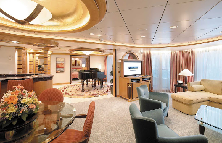 Royal Suites on Adventure of the Seas have a separate bedroom with king-size bed, private balcony with hot tub, concierge service and other luxury amenities.