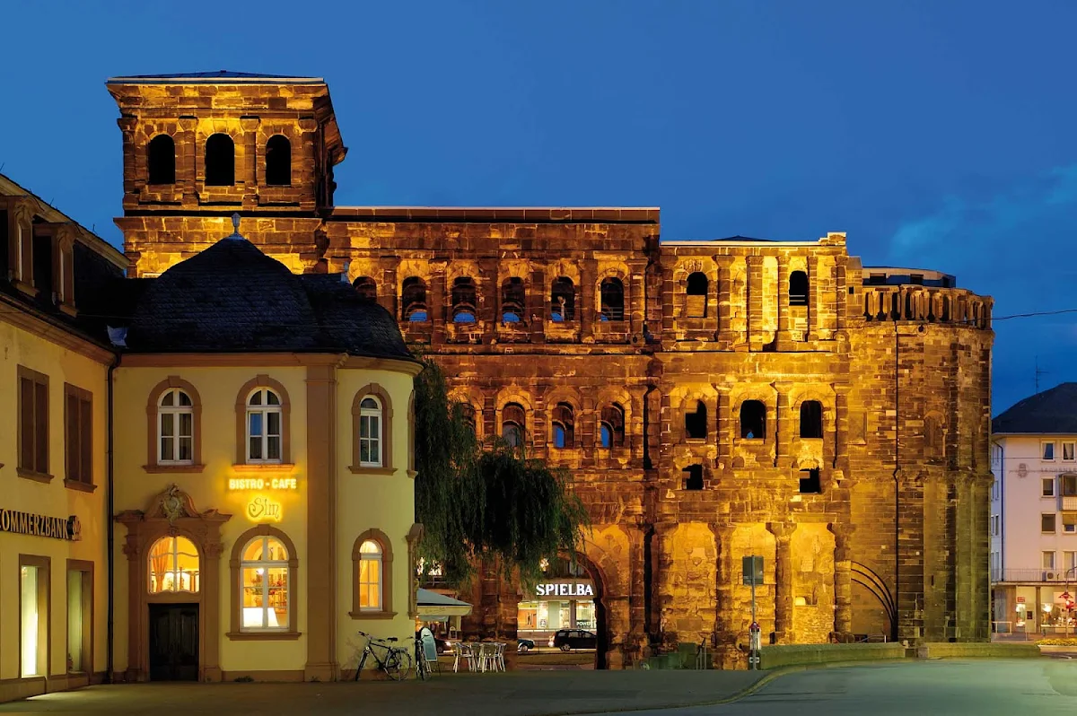 Germany-Port-Nigra-at-dusk - Beautiful Porta Nigra at dusk in Trier, Germany.
