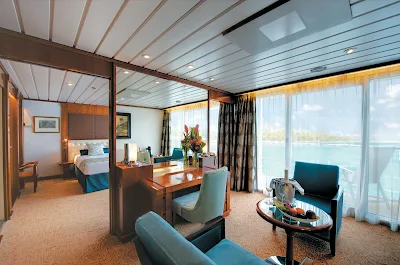 Owner's Suite 701 on the Paul Gauguin features butler service and can accommodate up to four guests. Bathroom includes a separate shower and a dressing area.