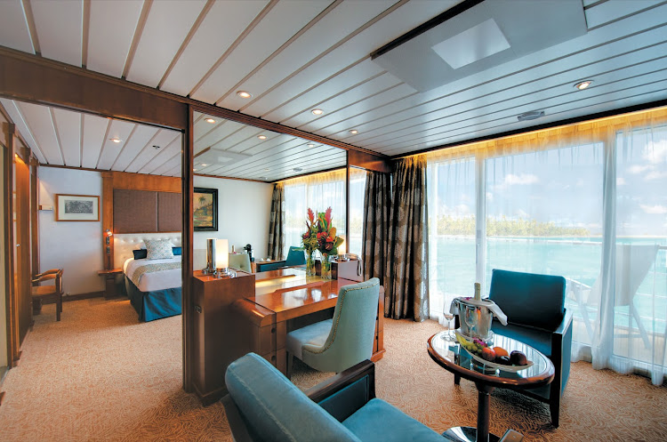 Owner's Suite 701 on the Paul Gauguin features butler service and can accommodate up to four guests. Bathroom includes a separate shower and a dressing area.