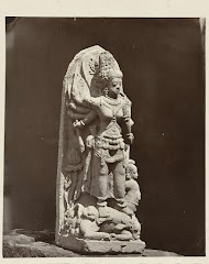 Ten armed Durga slaying the demon Mahisha, upper right arm missing. Dieng Plateau, Wonosobo district, Central Java province, 9th century.