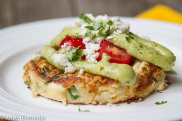 Mexican Mashed Potato Cakes with Avocado Sauce & Cotija Cheese