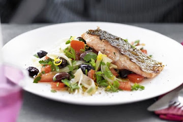 Charred salmon with fennel & olive salad