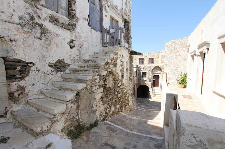 A street scene in a village on the Greek island of Naxos.
