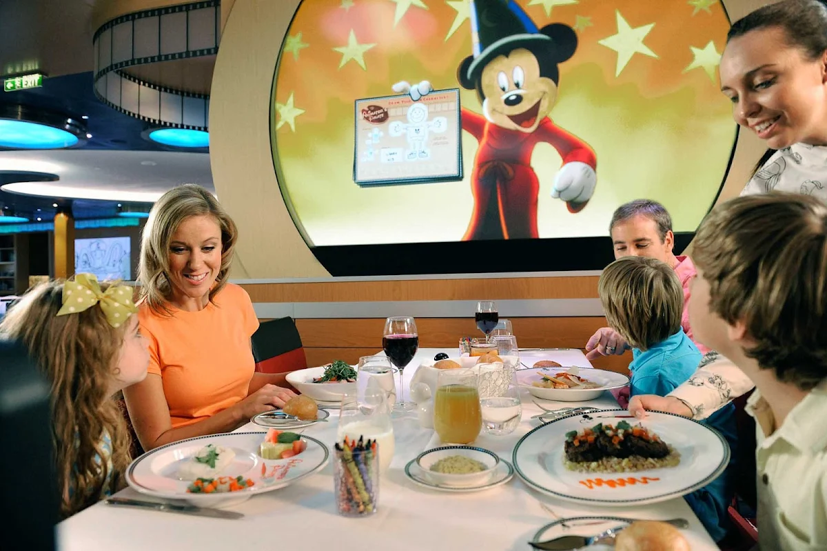 Disney-Fantasy-Animators-Palate - Have dinner at Animator's Palate, the main restaurant aboard Disney Fantasy located on deck 3 toward the rear, surrounded by Disney animation artwork. Dinners include a show featuring Disney characters.