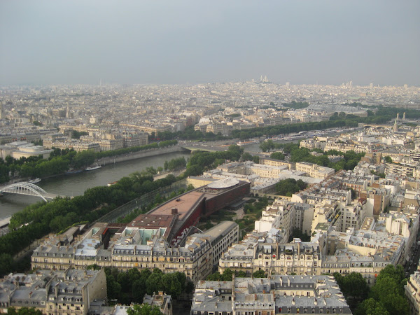 View of Paris from on top of the Eiffel Tower. You can just make out the Sacre Coeur rising on top of Montmarte in the distance.