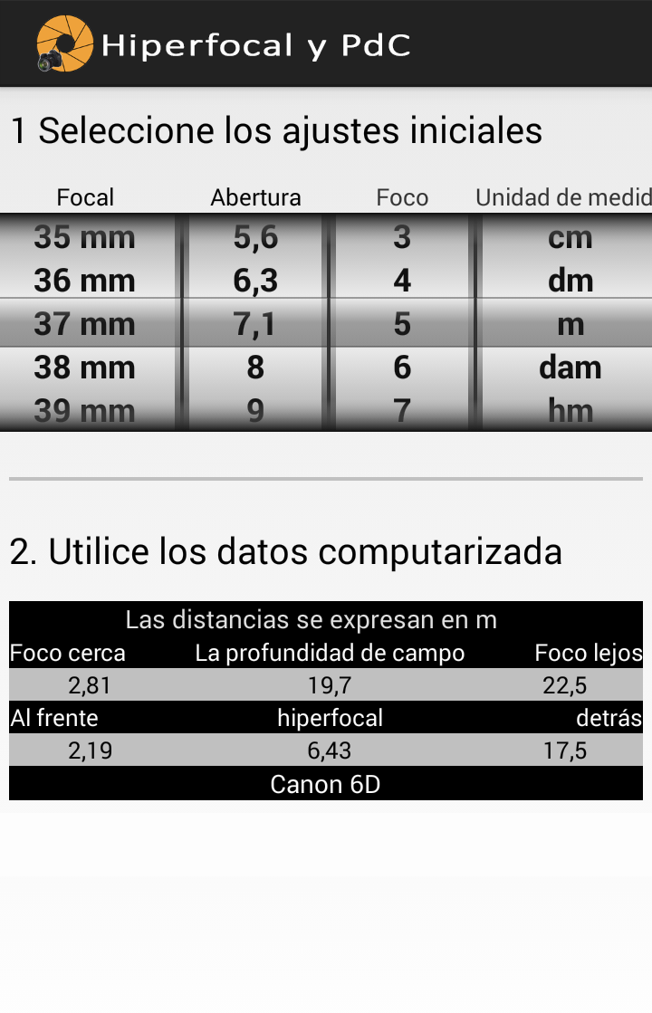Android application Hyperfocal and DoF screenshort