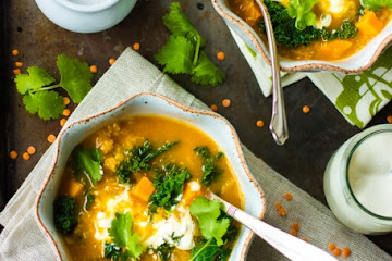 Curried Red Lentil, Kale and Sweet Potato Soup
