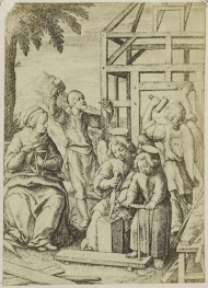 Fotoreproductie van de gravure La charpente du logis