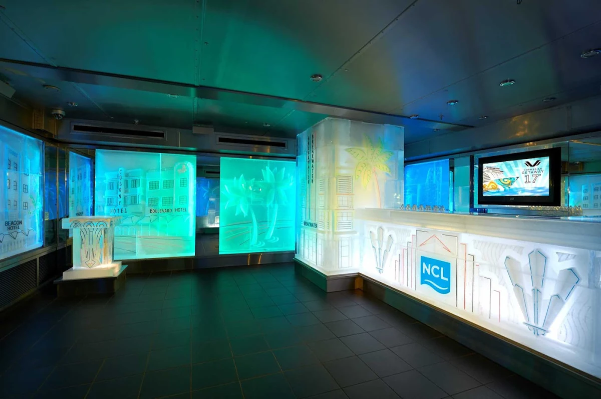 Norwegian-Getaway-Ice-Bar - The Svedka and Inniskillin Ice Bar aboard Norwegian Getaway is kept at 17 degrees Fahrenheit and features frozen 3D elements plus specialty drinks suited for snowmen and other guests.